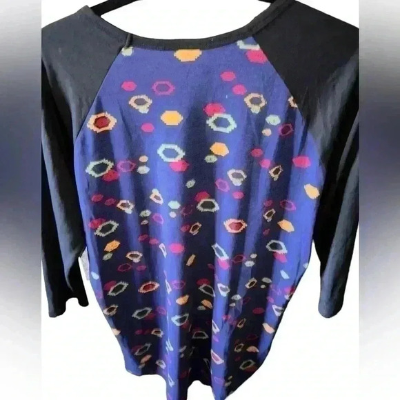 Lularoe Medium blue geometric Randy baseball T, with black sleeves .NWT. - Picture 2 of 6